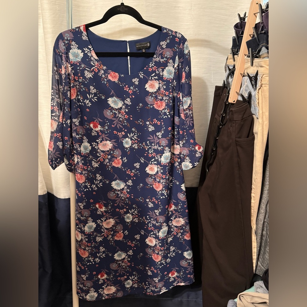 Navy blue dress with floral motif, fully lined
